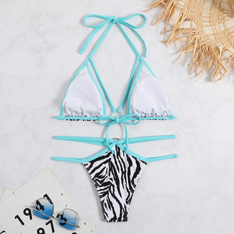 Traje de baño bikini sin espalda con contraste y anilla en O con estampado de cebra 