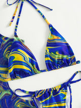 Traje de baño de 3 piezas con cuello halter, ahuecado, de malla con estampado en contraste y lazo 