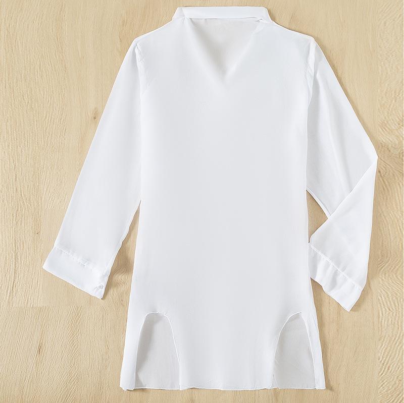 Robe de plage unie à manches longues et col retourné en mousseline 