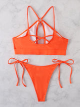 O ring hollow out cross back solid self tie bikini swimwear