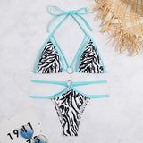 Traje de baño bikini sin espalda con contraste y anilla en O con estampado de cebra 