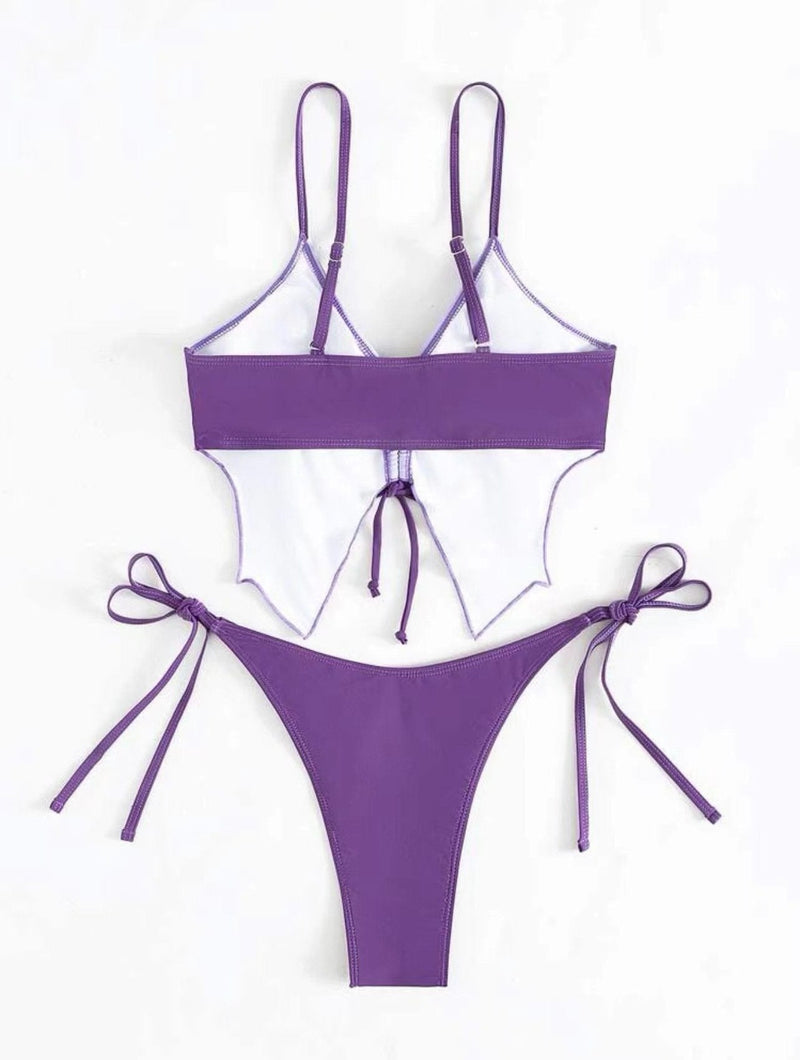 Maillot de bain bikini à motif papillon avec cordon de serrage contrasté et noué à la taille 