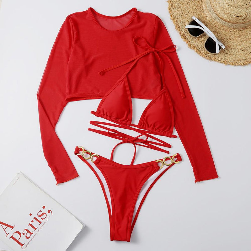 Maillot de bain 3 pièces en maille solide, rembourré, avec anneau en O et lien à nouer, croisé sur le devant 