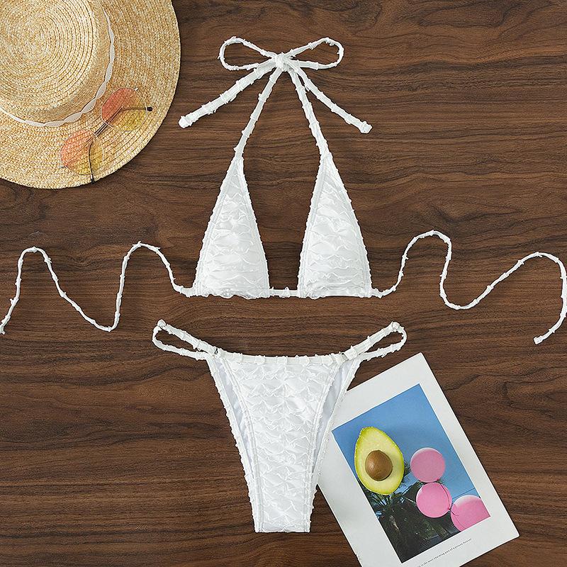 Traje de baño bikini sin espalda con lazo y cuello halter texturizado sólido 