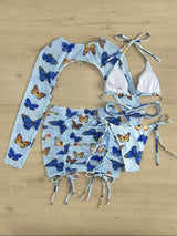 Conjunto de traje de baño de 4 piezas con falda con cordón y estampado de mariposas en contraste 