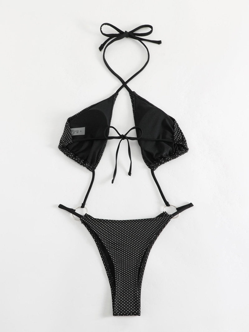 Traje de baño de una pieza con cuello halter cruzado y ahuecado con purpurina y anillo en O 