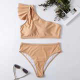 One shoulder ruffle solid irregular hollow out bikini swimwear