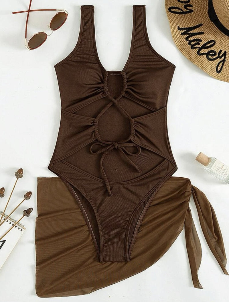 Maillot de bain une pièce sans manches avec cordon de serrage en maille et jupe de plage 