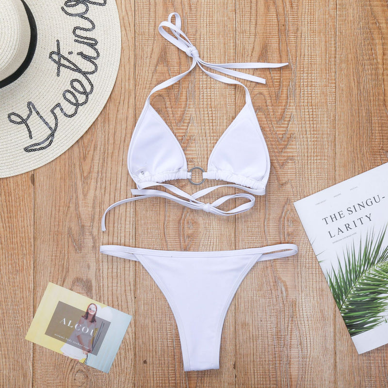 Maillot de bain bikini dos nu à nouer soi-même avec anneau en O et perles 