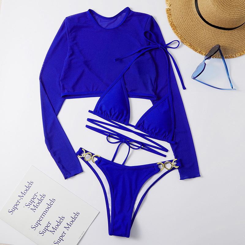 Maillot de bain 3 pièces en maille solide, rembourré, avec anneau en O et lien à nouer, croisé sur le devant 