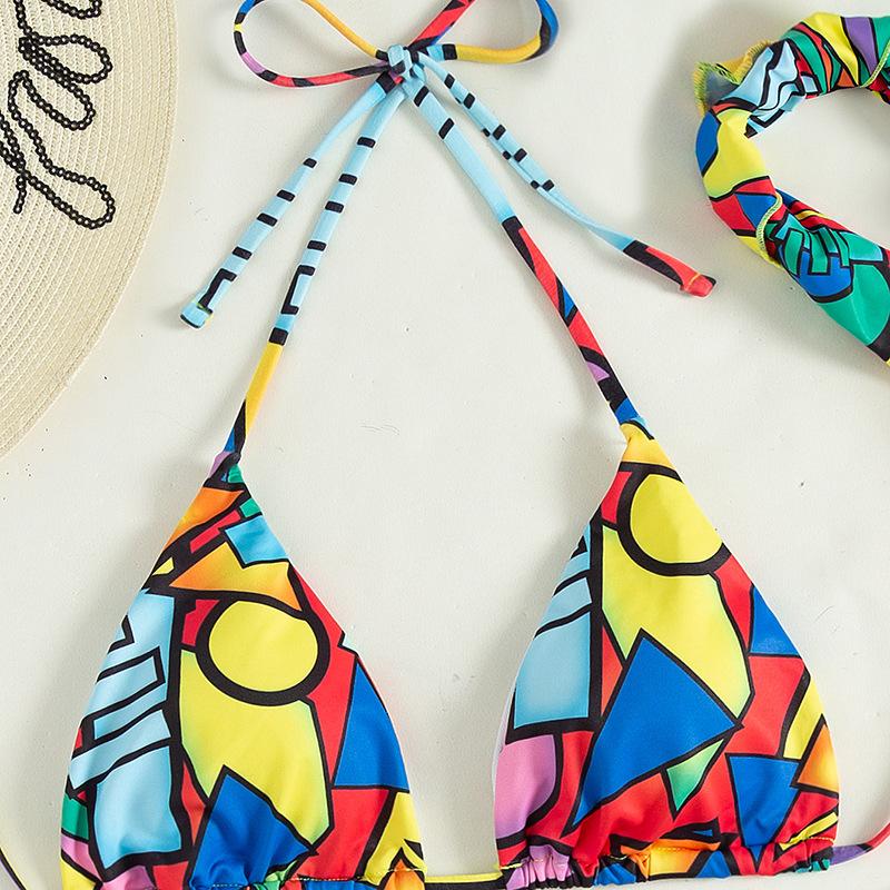 Maillot de bain 3 pièces dos nu à imprimé contrasté et à nouer soi-même 