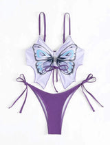 Maillot de bain bikini à motif papillon avec cordon de serrage contrasté et noué à la taille 