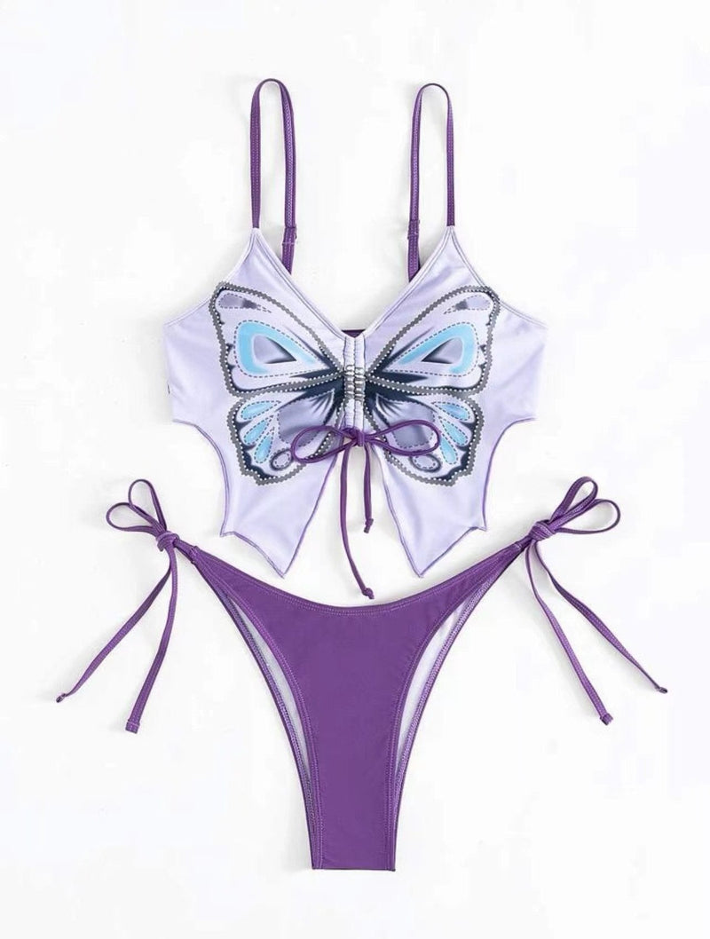 Maillot de bain bikini à motif papillon avec cordon de serrage contrasté et noué à la taille 