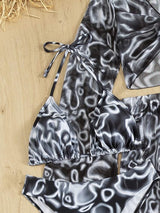 Contrast mesh halter self tie padded 4 piece swimwear