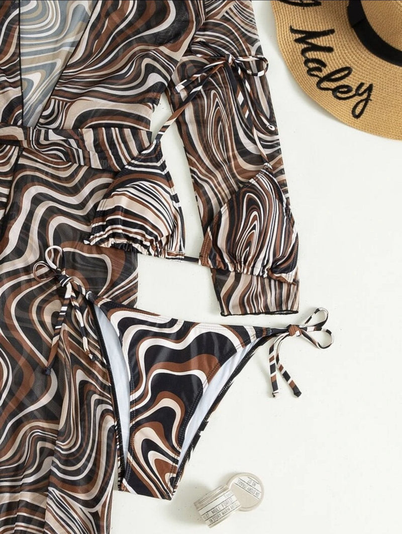 Maillot de bain 3 pièces à manches longues et col licou en maille à imprimé contrasté ondulé 