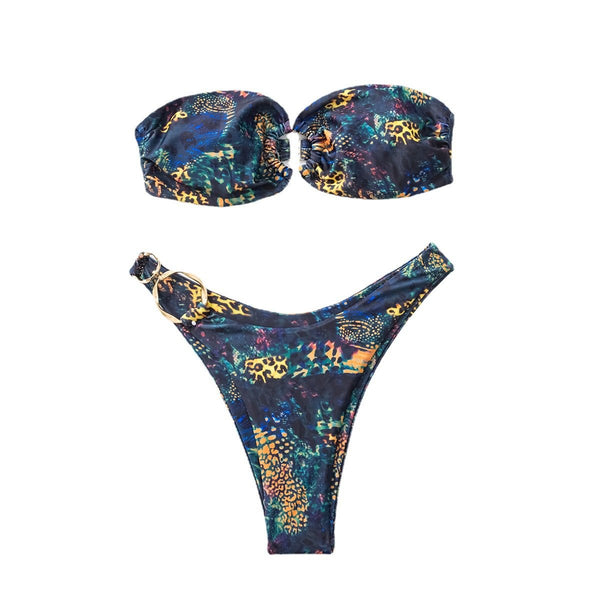 Traje de baño bikini de tubo con relleno y estampado en contraste 