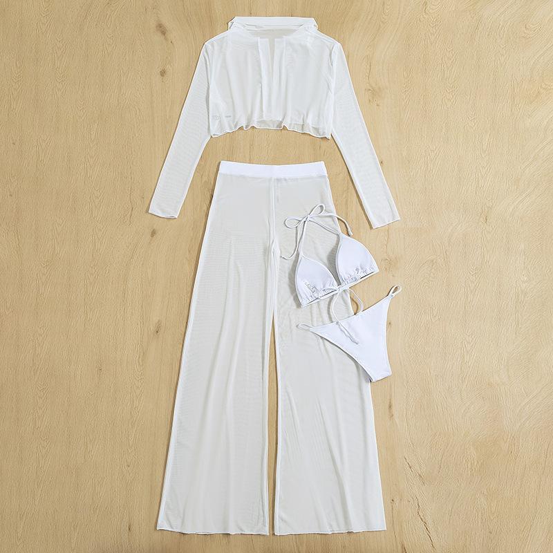 Traje de baño de 4 piezas con cuello vuelto y manga larga y pantalón halter liso 
