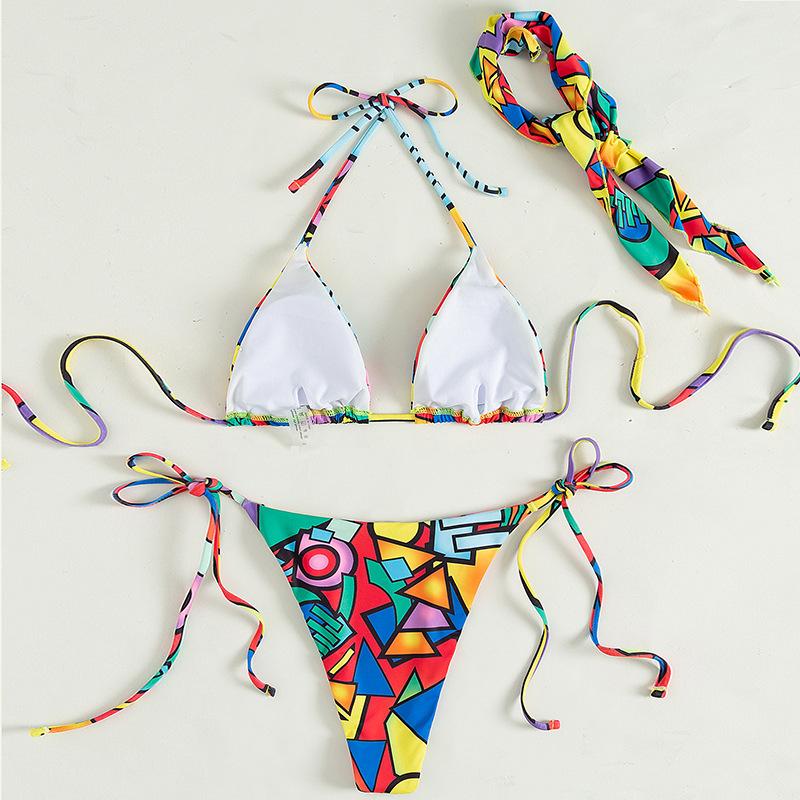 Maillot de bain 3 pièces dos nu à imprimé contrasté et à nouer soi-même 