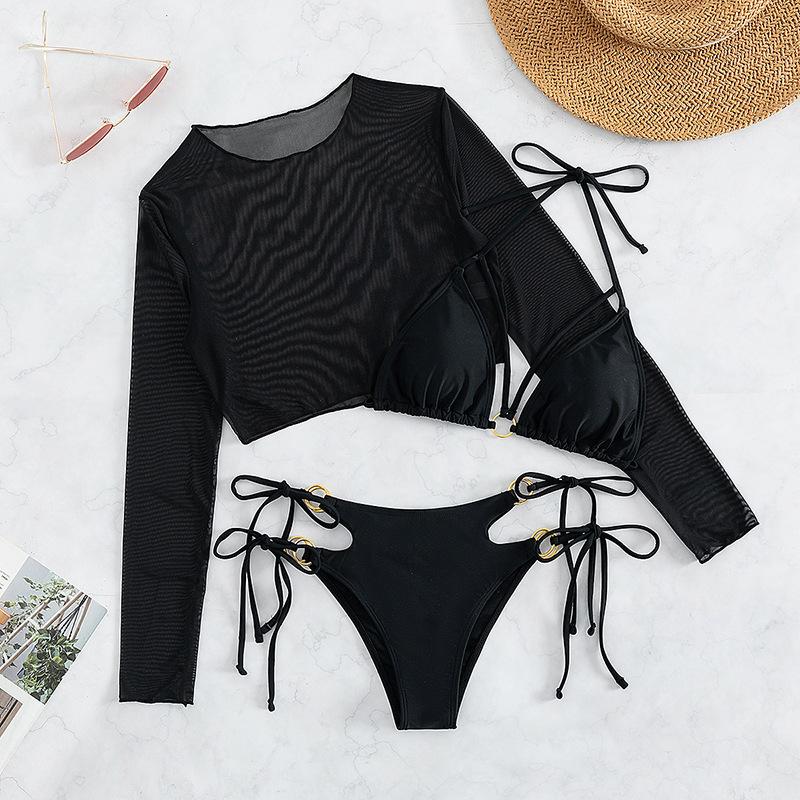 Maillot de bain 3 pièces en maille à manches longues et col licou uni à nouer soi-même 