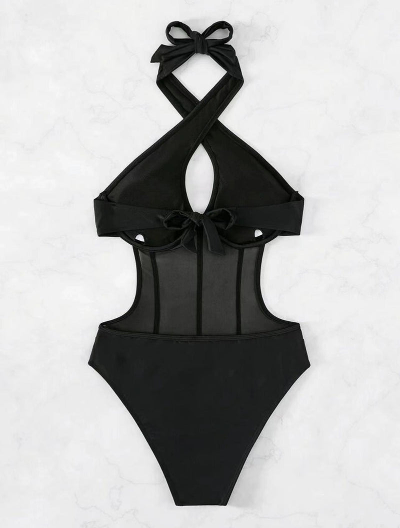 Maillot de bain une pièce dos nu en maille à nouer sur le devant et à licou croisé 