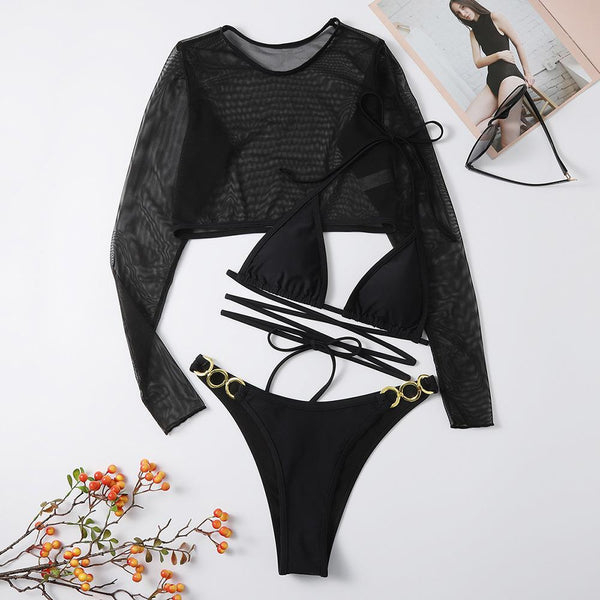 Traje de baño de 3 piezas con cuello halter, cruzado, con aro o y relleno de malla sólida 