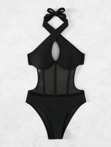 Maillot de bain une pièce dos nu en maille à nouer sur le devant et à licou croisé 