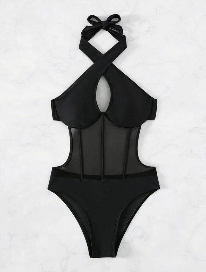 Maillot de bain une pièce dos nu en maille à nouer sur le devant et à licou croisé 