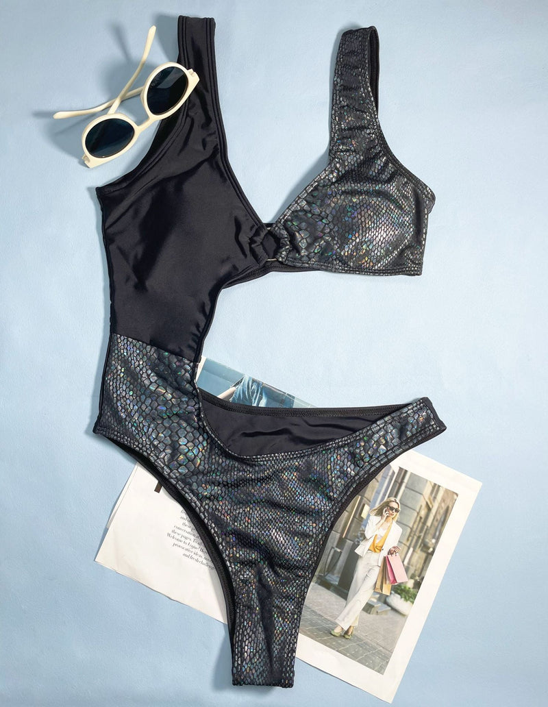 Maillot de bain une pièce contrasté à motif patchwork ajouré et anneau en O 