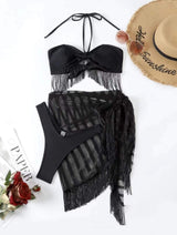 Traje de baño de 3 piezas con lazo autoajustable de malla halter sólida 