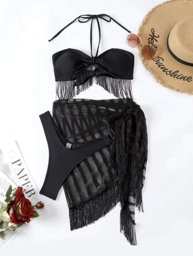 Traje de baño de 3 piezas con lazo autoajustable de malla halter sólida 
