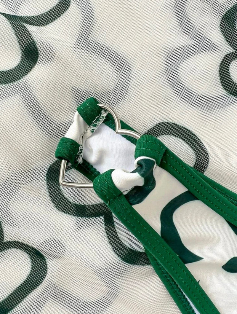 Traje de baño de 3 piezas con cuello halter, acolchado y con lazos en el cuello, estampado floral en contraste 