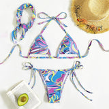 Maillot de bain 3 pièces à imprimé contrasté, dos nu ajouré et noué à la taille 