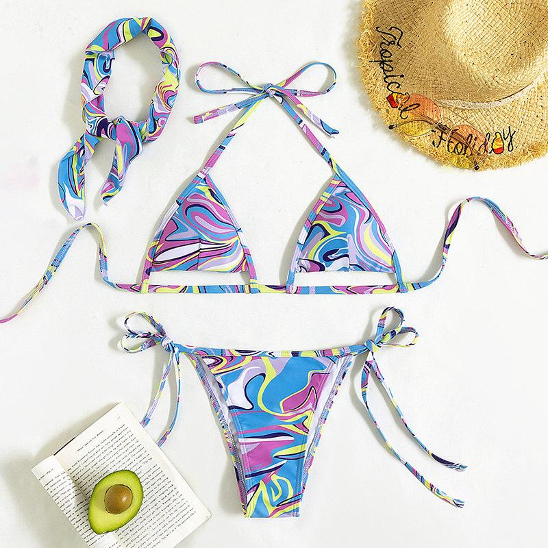 Maillot de bain 3 pièces à imprimé contrasté, dos nu ajouré et noué à la taille 