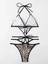 Traje de baño bikini con espalda descubierta, acolchado y estampado de leopardo en contraste 