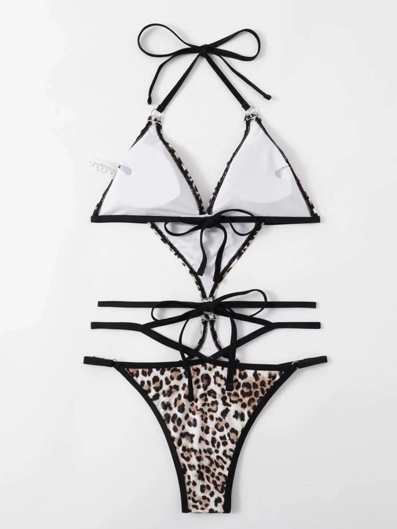 Traje de baño bikini con espalda descubierta, acolchado y estampado de leopardo en contraste 