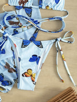 Conjunto de traje de baño de 4 piezas con falda con cordón y estampado de mariposas en contraste 