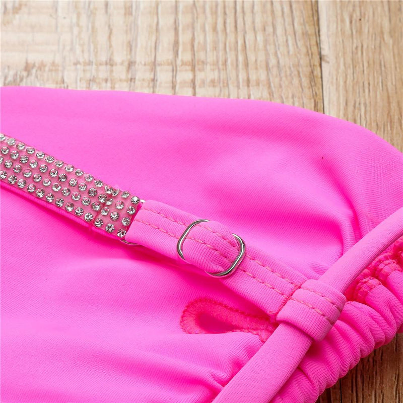 Traje de baño bikini liso sin espalda con cuentas y lazo 