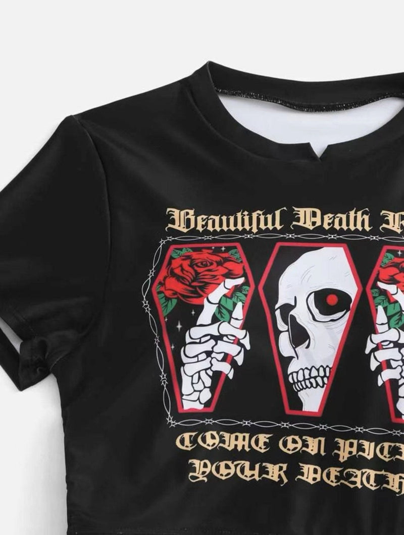 Traje de baño bikini de manga corta con cordón ajustable y estampado de flores y calaveras en contraste 