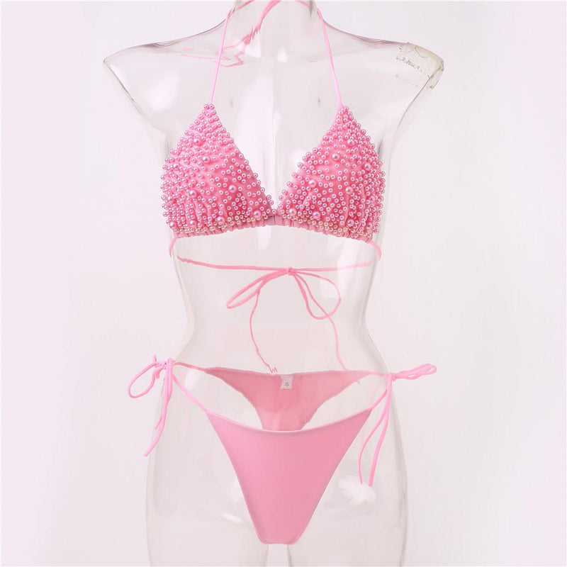 Traje de baño bikini con cuello halter de perlas, sin espalda, liso, con lazo 