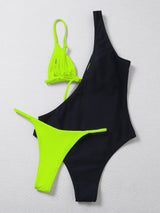 Maillot de bain 3 pièces à bretelles contrastées et irrégulières 