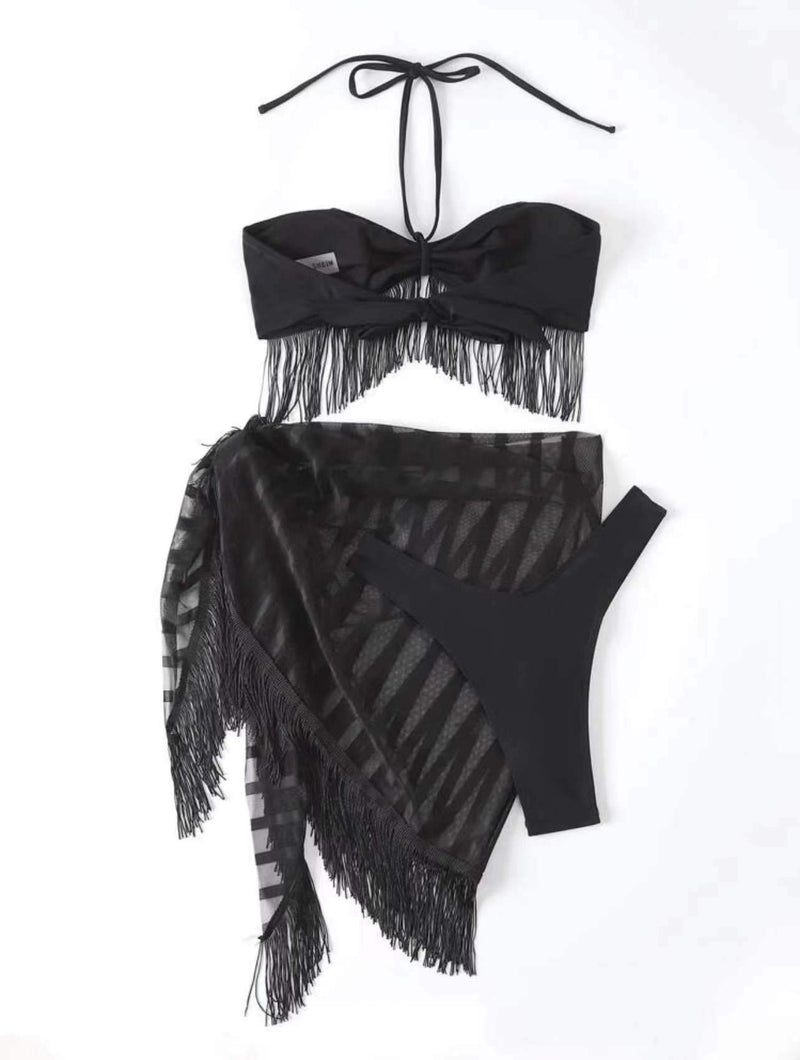 Traje de baño de 3 piezas con lazo autoajustable de malla halter sólida 