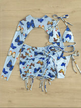 Conjunto de traje de baño de 4 piezas con falda con cordón y estampado de mariposas en contraste 