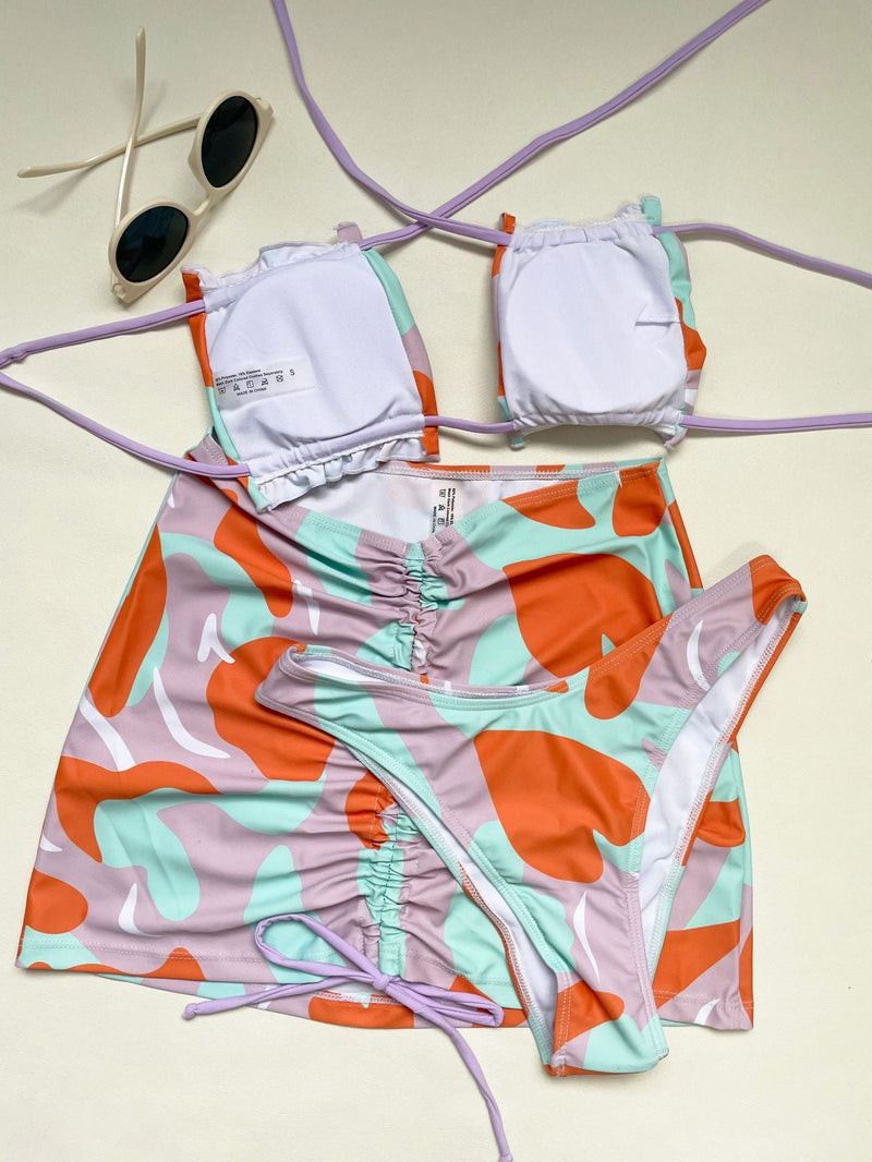 Traje de baño de 3 piezas con espalda descubierta, acolchado, estampado en contraste y cordón ajustable 
