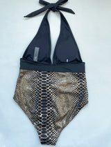 Traje de baño de una pieza con cuello en V, acolchado, estilo halter, de piel de serpiente, ahuecado 