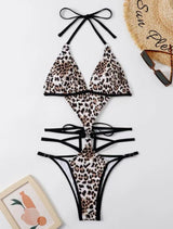Traje de baño bikini con espalda descubierta, acolchado y estampado de leopardo en contraste 