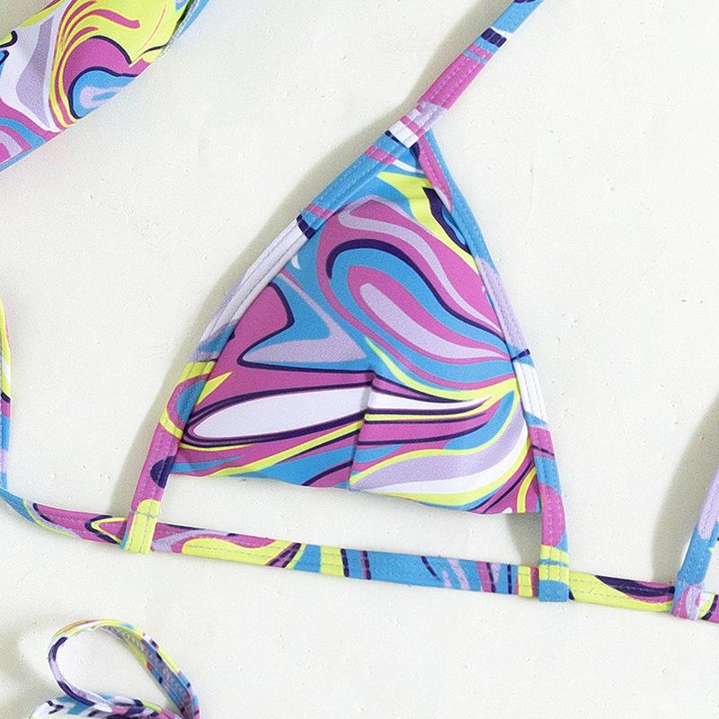 Maillot de bain 3 pièces à imprimé contrasté, dos nu ajouré et noué à la taille 