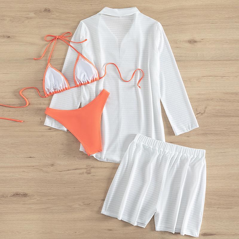 Traje de baño de 4 piezas de gasa con manga larga, cuello halter y lazo en contraste 