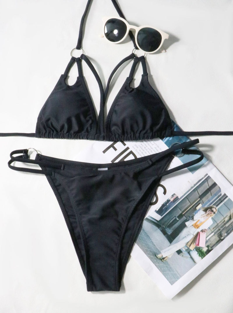 Maillot de bain bikini dos nu croisé devant uni avec anneau en O 