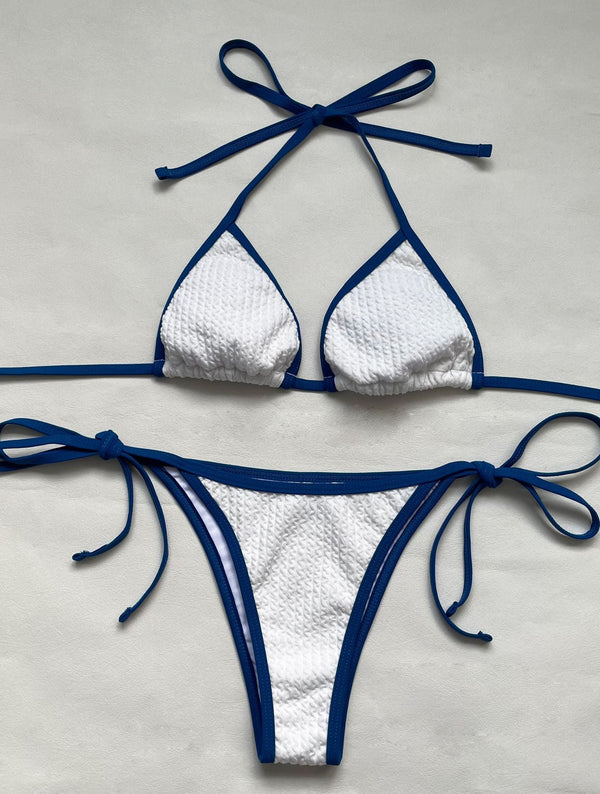 Maillot de bain bikini à nouer et à licou contrasté texturé 