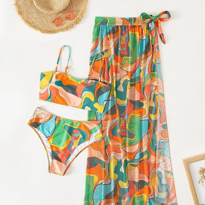 Maillot de bain 3 pièces en maille à imprimé contrasté, dos nu et noué 